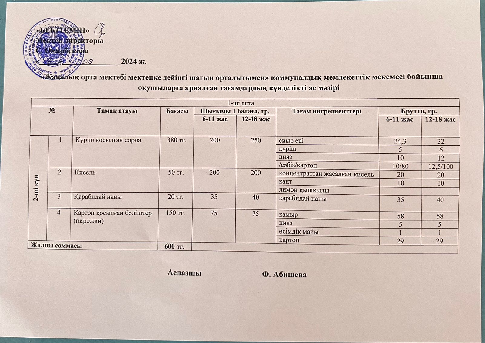 Күнделікті ас мәзірі